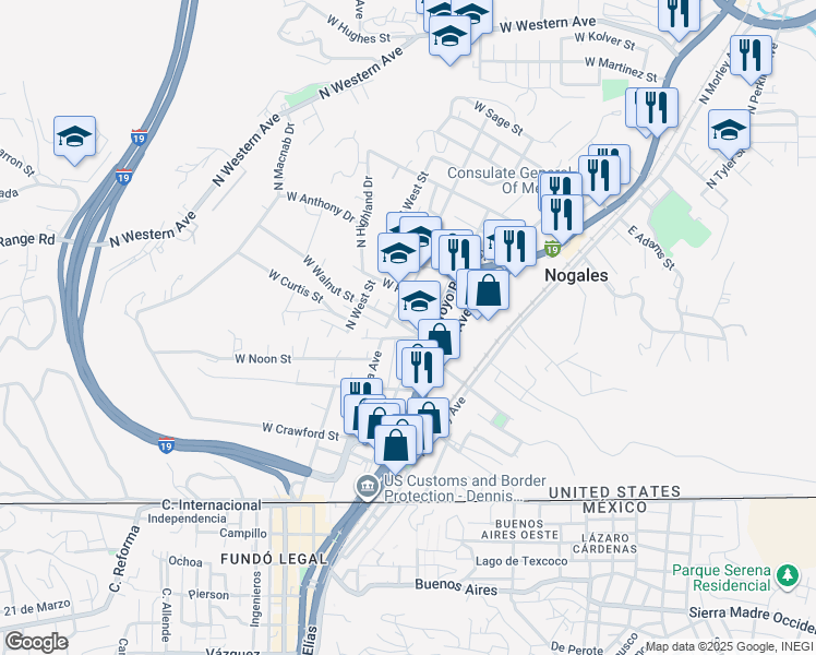 map of restaurants, bars, coffee shops, grocery stores, and more near 220 West Walnut Street in Nogales