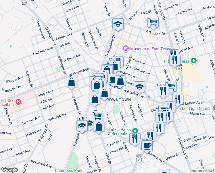 map of restaurants, bars, coffee shops, grocery stores, and more near 112 East Lufkin Avenue in Lufkin