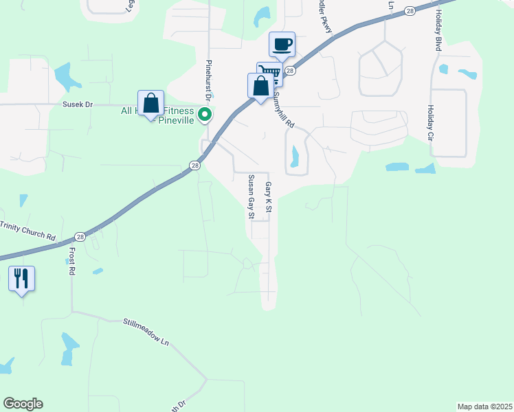 map of restaurants, bars, coffee shops, grocery stores, and more near 244 Susan Gay Street in Pineville