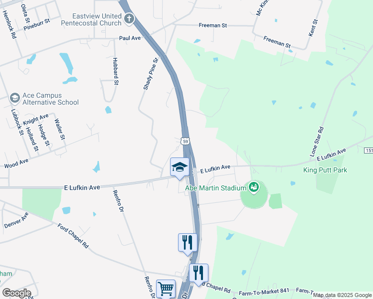 map of restaurants, bars, coffee shops, grocery stores, and more near 309 North Medford Drive in Lufkin