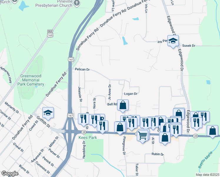 map of restaurants, bars, coffee shops, grocery stores, and more near 115 Jo Anne Drive in Pineville