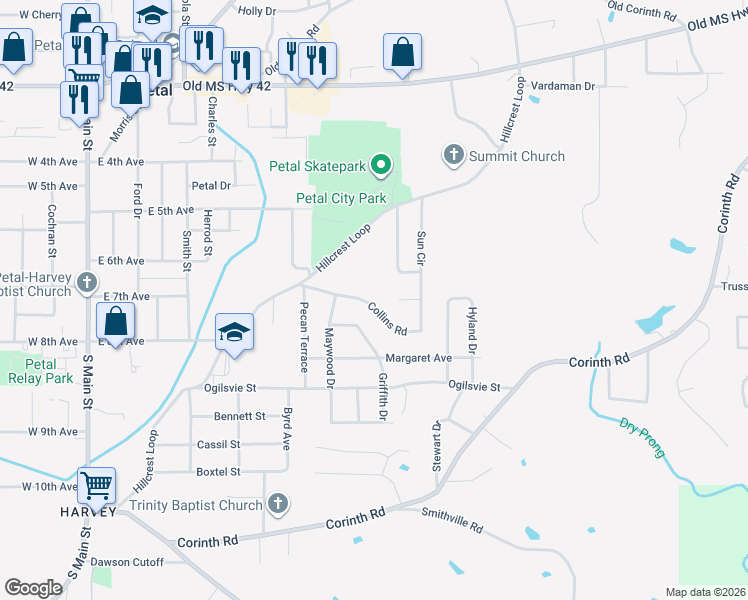 map of restaurants, bars, coffee shops, grocery stores, and more near 12 Mercer Drive in Petal