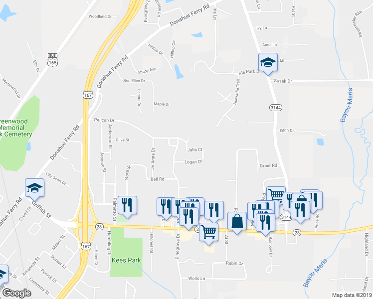 map of restaurants, bars, coffee shops, grocery stores, and more near 398 Pleasant Valley Drive in Pineville
