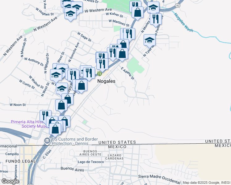 map of restaurants, bars, coffee shops, grocery stores, and more near 102 East La Castellana Drive in Nogales
