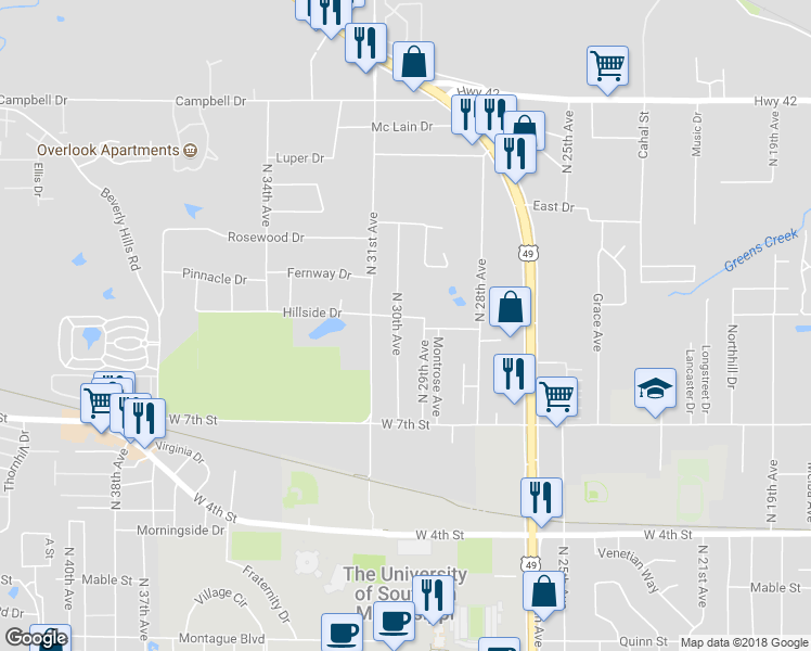 map of restaurants, bars, coffee shops, grocery stores, and more near 2904 Hillside Drive in Hattiesburg