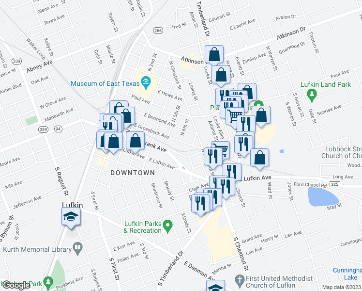 map of restaurants, bars, coffee shops, grocery stores, and more near 602 East Groesbeck Avenue in Lufkin