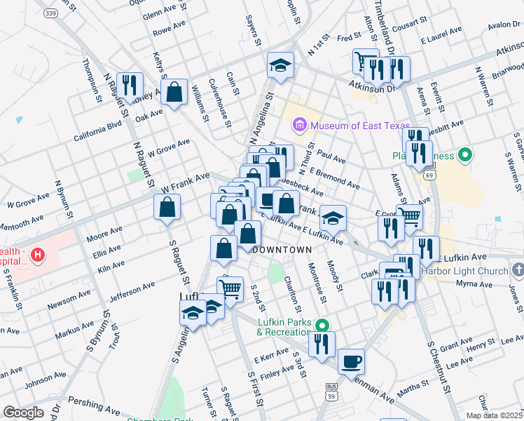 map of restaurants, bars, coffee shops, grocery stores, and more near 113 North 2nd Street in Lufkin