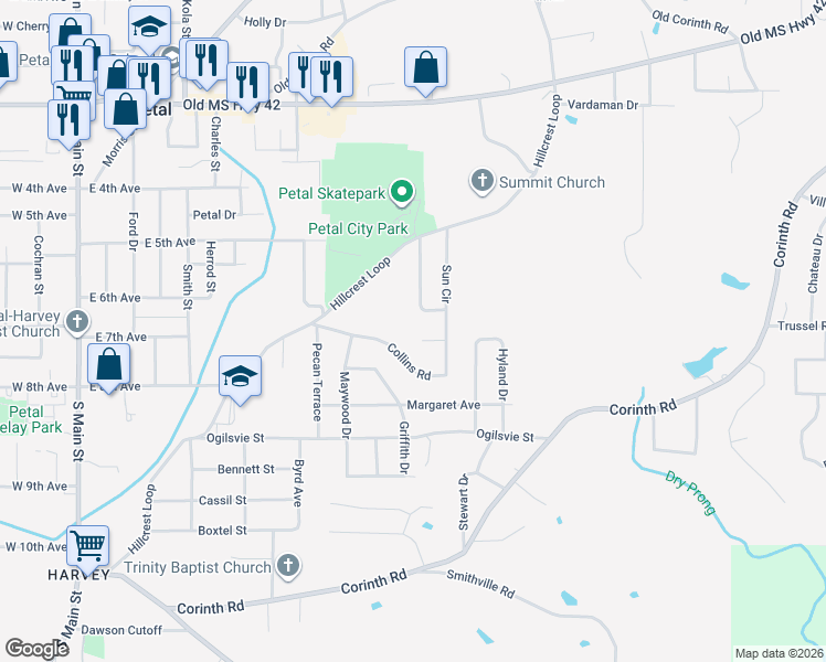 map of restaurants, bars, coffee shops, grocery stores, and more near 12 Mercer Drive in Petal