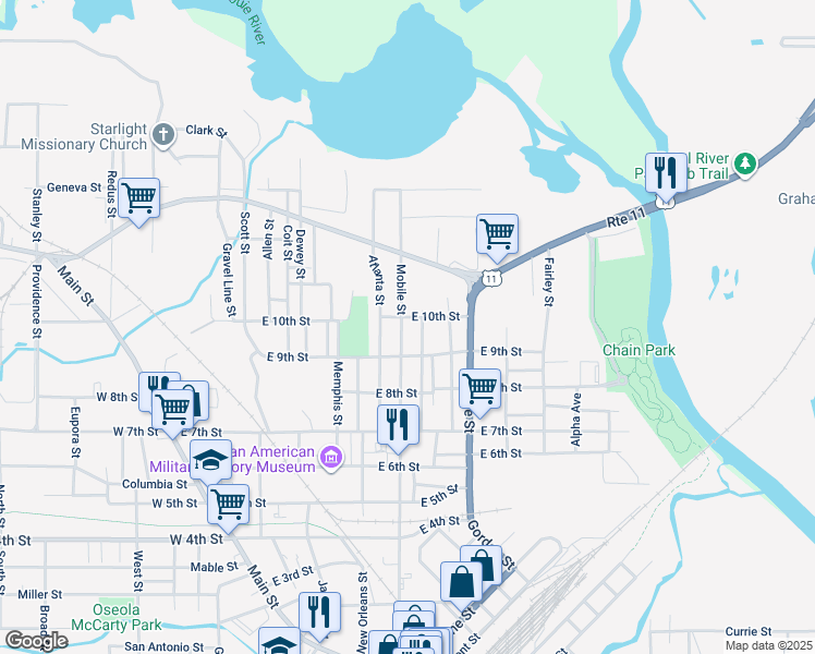 map of restaurants, bars, coffee shops, grocery stores, and more near 510 E 10th St in Hattiesburg