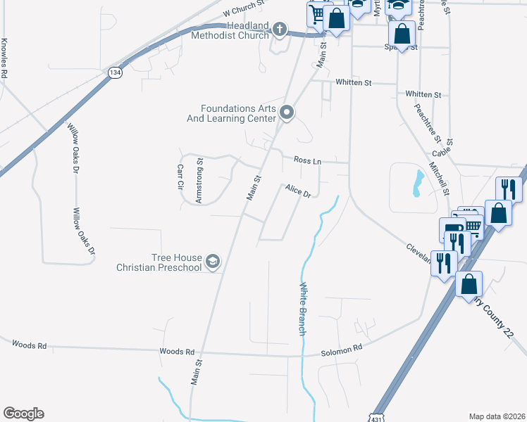 map of restaurants, bars, coffee shops, grocery stores, and more near 203 Alice Drive in Headland