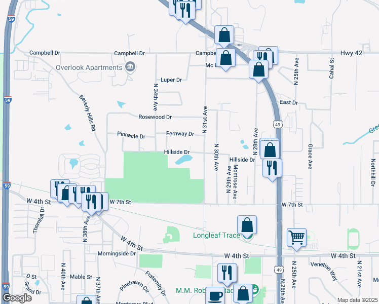 map of restaurants, bars, coffee shops, grocery stores, and more near 3200 Hillside Drive in Hattiesburg