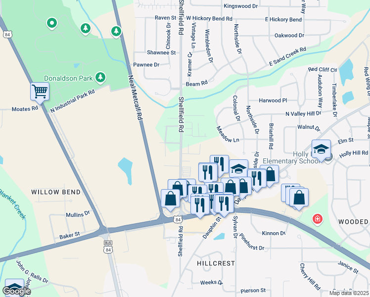 map of restaurants, bars, coffee shops, grocery stores, and more near 101 Peregrine Way in Enterprise