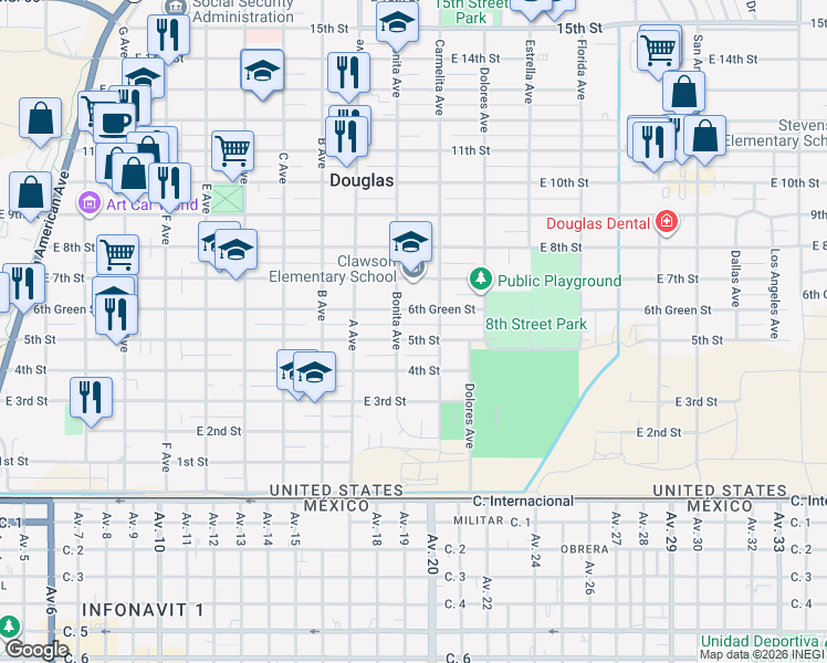 map of restaurants, bars, coffee shops, grocery stores, and more near 1210 5th Street in Douglas