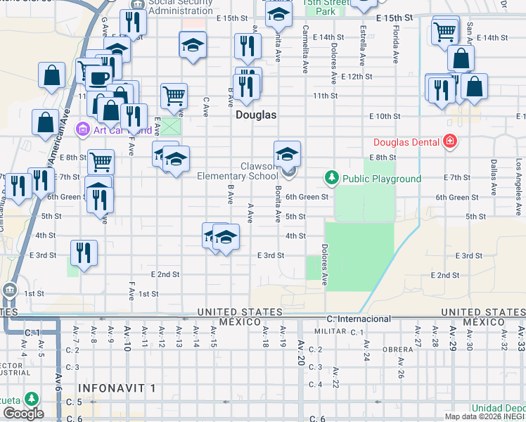 map of restaurants, bars, coffee shops, grocery stores, and more near 1130 5th Street in Douglas