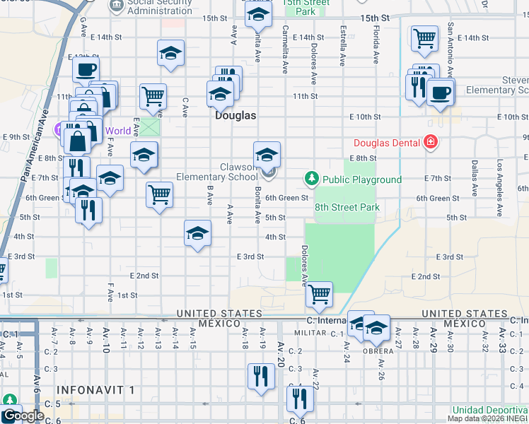 map of restaurants, bars, coffee shops, grocery stores, and more near 1210 5th Street in Douglas