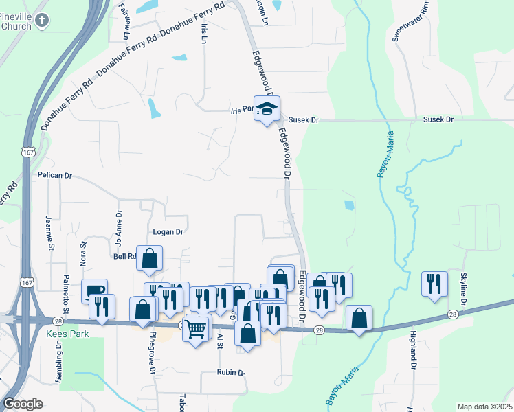 map of restaurants, bars, coffee shops, grocery stores, and more near 505 Greer Road in Pineville