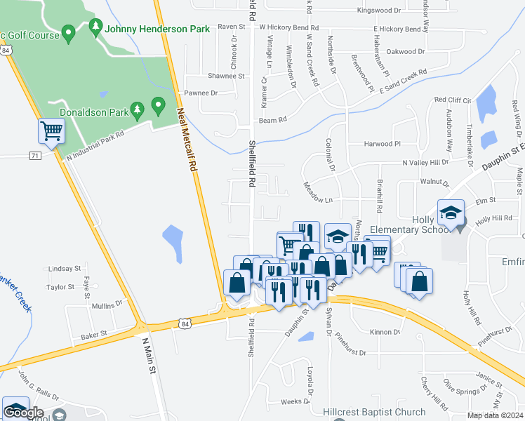 map of restaurants, bars, coffee shops, grocery stores, and more near 111 Peregrine Way in Enterprise