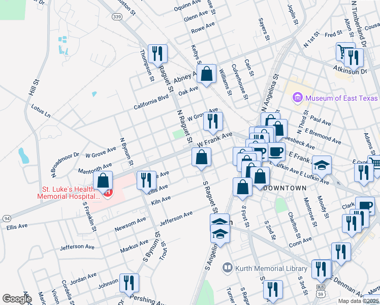 map of restaurants, bars, coffee shops, grocery stores, and more near 213 North Raguet Street in Lufkin