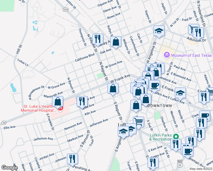 map of restaurants, bars, coffee shops, grocery stores, and more near 213 North Raguet Street in Lufkin