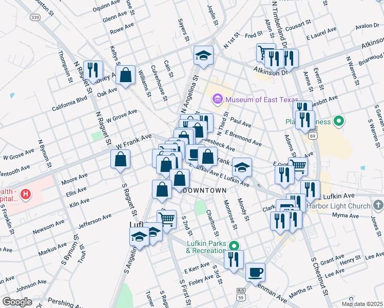 map of restaurants, bars, coffee shops, grocery stores, and more near 113 North 2nd Street in Lufkin