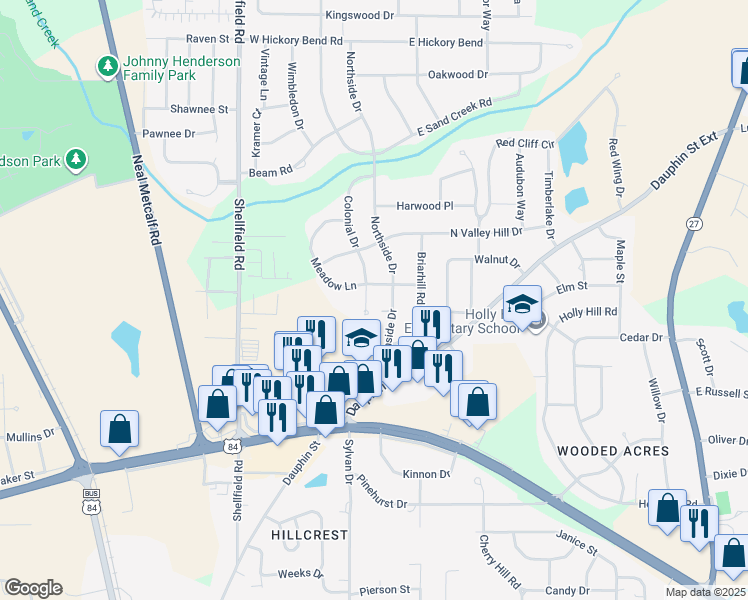 map of restaurants, bars, coffee shops, grocery stores, and more near 403 Colonial Drive in Enterprise