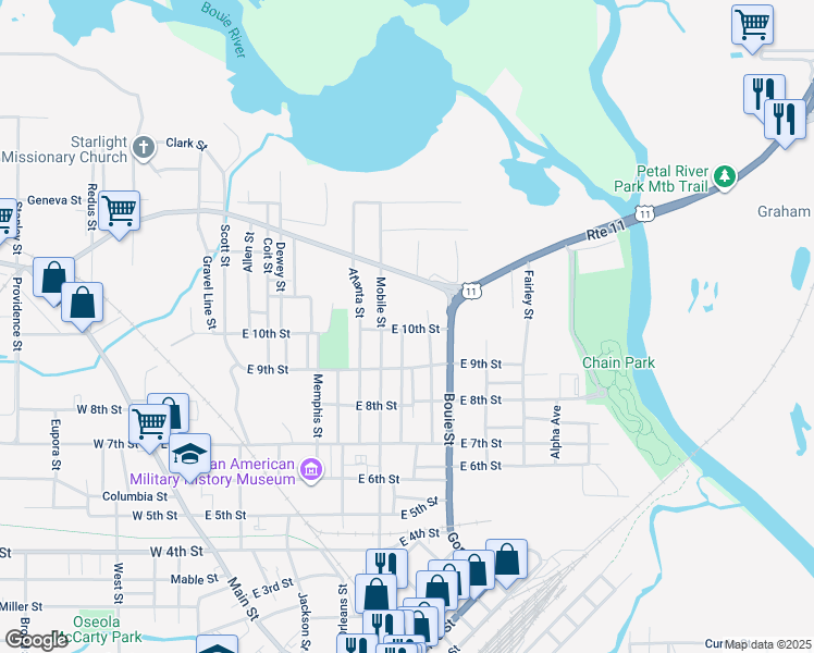 map of restaurants, bars, coffee shops, grocery stores, and more near 510 East 10th Street in Hattiesburg