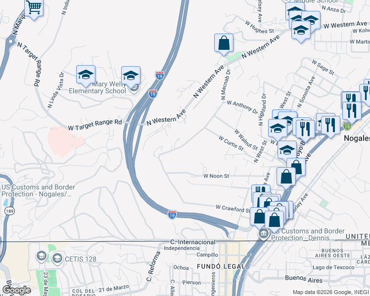 map of restaurants, bars, coffee shops, grocery stores, and more near 426 North Macnab Drive in Nogales