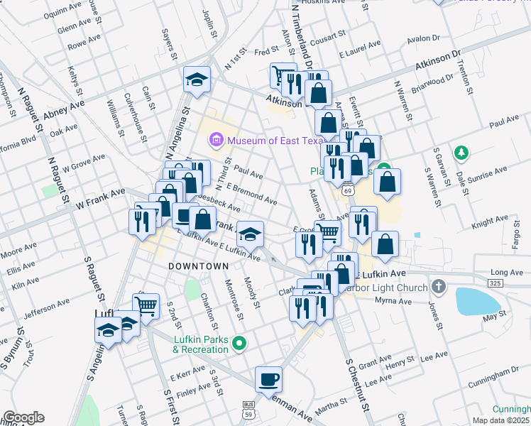 map of restaurants, bars, coffee shops, grocery stores, and more near 519 East Groesbeck Avenue in Lufkin