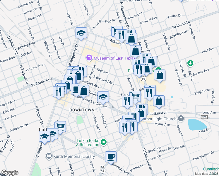 map of restaurants, bars, coffee shops, grocery stores, and more near 519 East Groesbeck Avenue in Lufkin