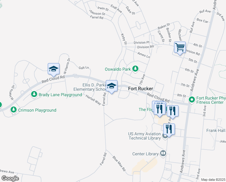 map of restaurants, bars, coffee shops, grocery stores, and more near Red Cloud Road in Fort Novosel