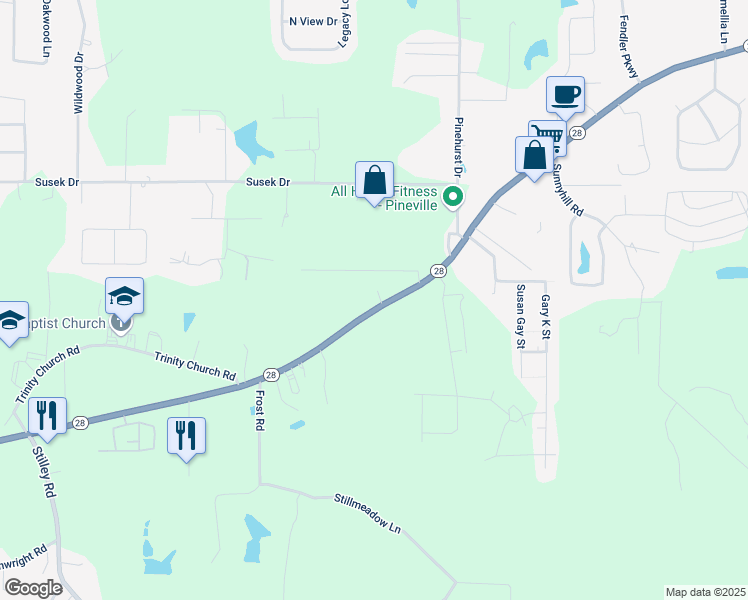 map of restaurants, bars, coffee shops, grocery stores, and more near 106 Jenkins Drive in Pineville