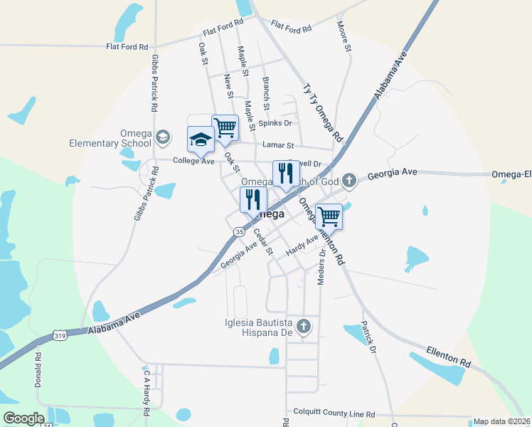 map of restaurants, bars, coffee shops, grocery stores, and more near in Omega