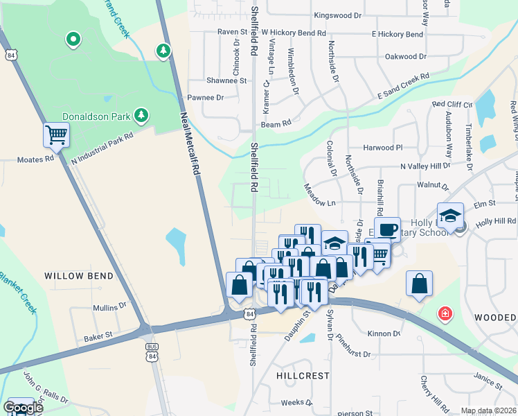 map of restaurants, bars, coffee shops, grocery stores, and more near 1501 Shellfield Road in Enterprise