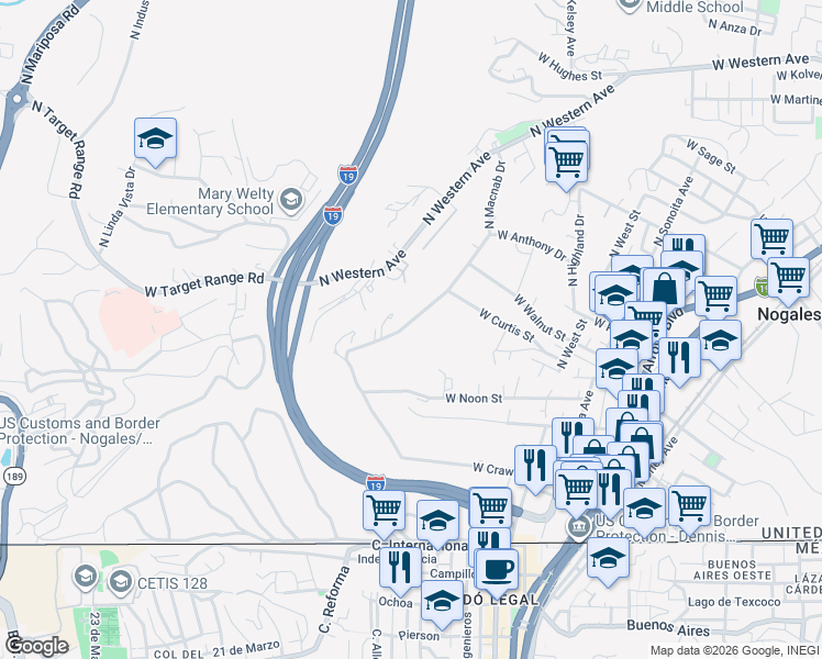 map of restaurants, bars, coffee shops, grocery stores, and more near 426 North Macnab Drive in Nogales