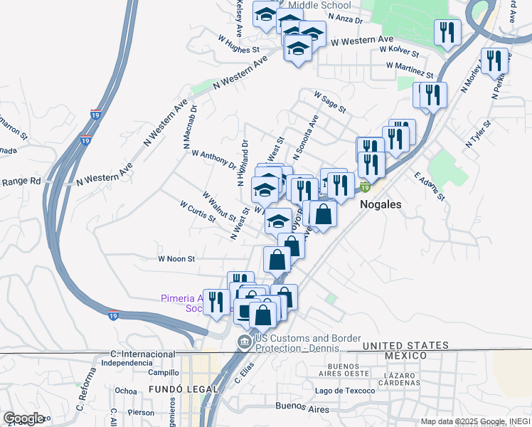 map of restaurants, bars, coffee shops, grocery stores, and more near 310 West Plum Street in Nogales