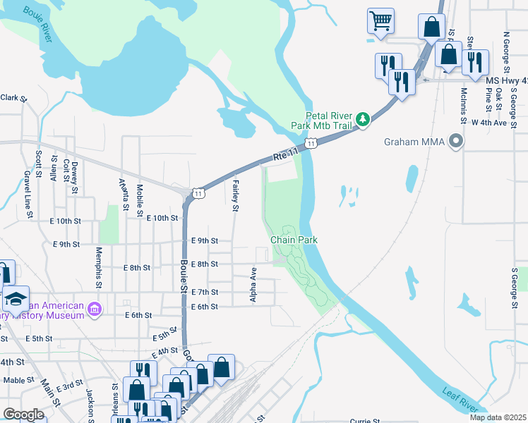 map of restaurants, bars, coffee shops, grocery stores, and more near Chain Park Drive in Hattiesburg