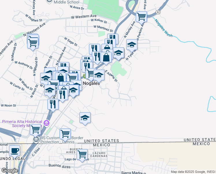 map of restaurants, bars, coffee shops, grocery stores, and more near 102-222 East La Castellana Drive in Nogales