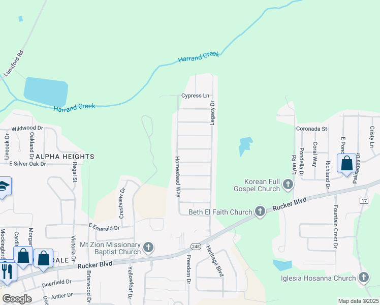 map of restaurants, bars, coffee shops, grocery stores, and more near 114 Flatrock Drive in Enterprise