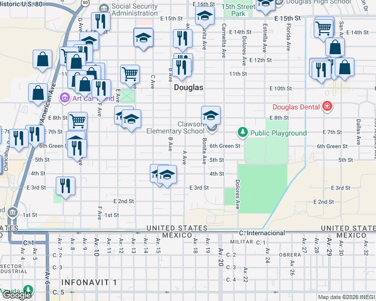 map of restaurants, bars, coffee shops, grocery stores, and more near 1130 5th Street in Douglas