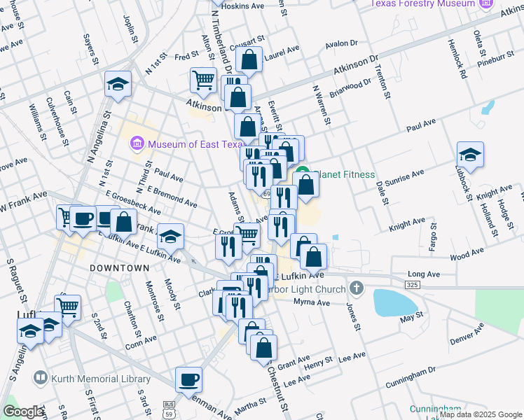 map of restaurants, bars, coffee shops, grocery stores, and more near 307 North Timberland Drive in Lufkin