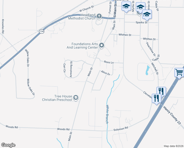 map of restaurants, bars, coffee shops, grocery stores, and more near 203 Alice Drive in Headland