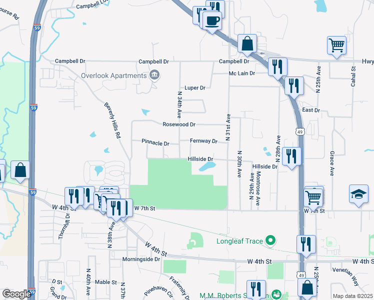 map of restaurants, bars, coffee shops, grocery stores, and more near 3200-3298 Hillside Drive in Hattiesburg