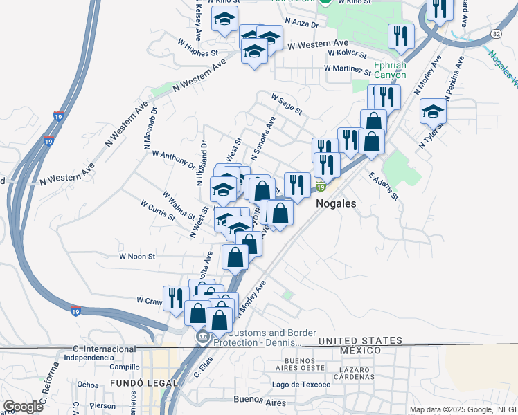 map of restaurants, bars, coffee shops, grocery stores, and more near 451 North Arroyo Boulevard in Nogales