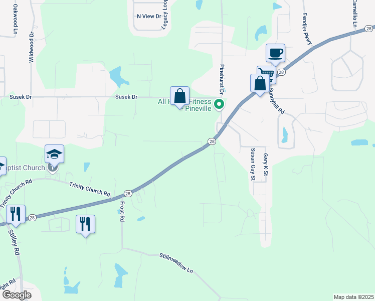 map of restaurants, bars, coffee shops, grocery stores, and more near 106 Jenkins Drive in Pineville