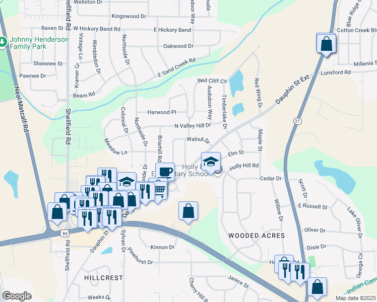 map of restaurants, bars, coffee shops, grocery stores, and more near 1641 Dauphin Street Extension in Enterprise
