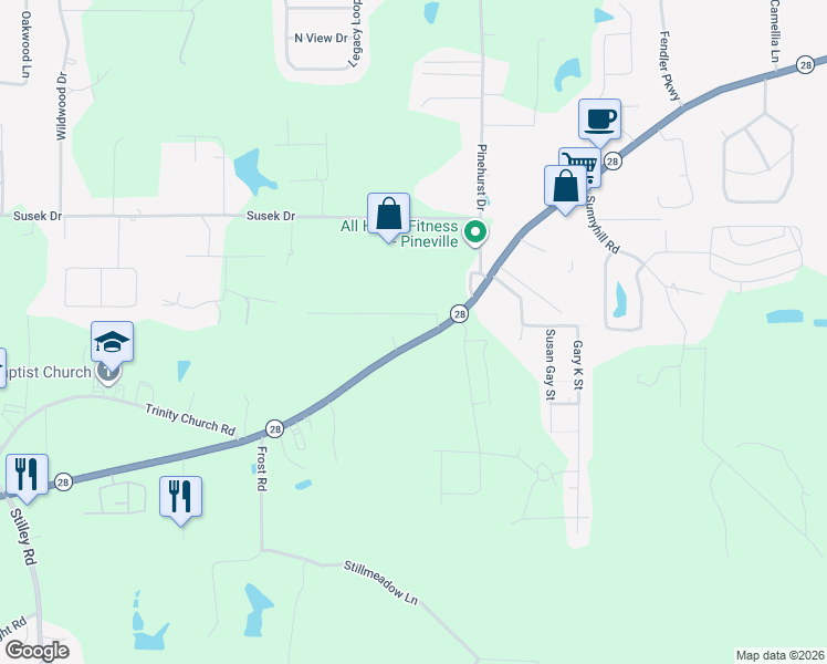 map of restaurants, bars, coffee shops, grocery stores, and more near 132 Alice Drive in Pineville