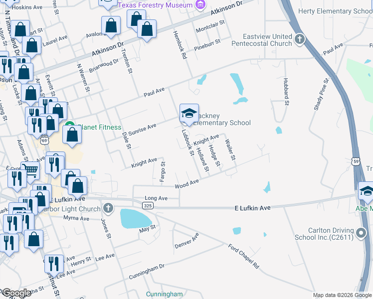map of restaurants, bars, coffee shops, grocery stores, and more near 605 Lubbock Street in Lufkin