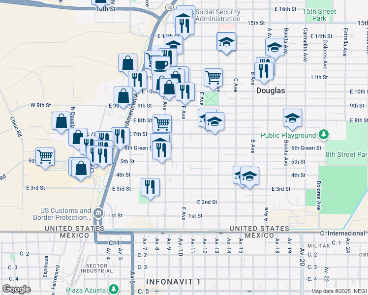 map of restaurants, bars, coffee shops, grocery stores, and more near 633 F Avenue in Douglas