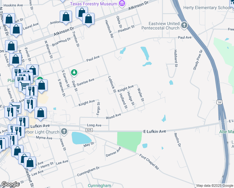 map of restaurants, bars, coffee shops, grocery stores, and more near 605 Lubbock Street in Lufkin