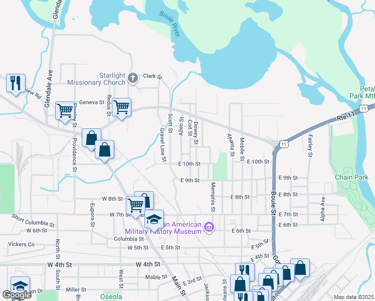 map of restaurants, bars, coffee shops, grocery stores, and more near 1111-1119 Allen Street in Hattiesburg